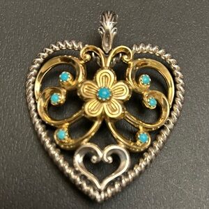 VTG LARGE CAROLYN POLLACK RELIOS STERLING SILVER TURQUOISE PENDANT / HEART BRASS